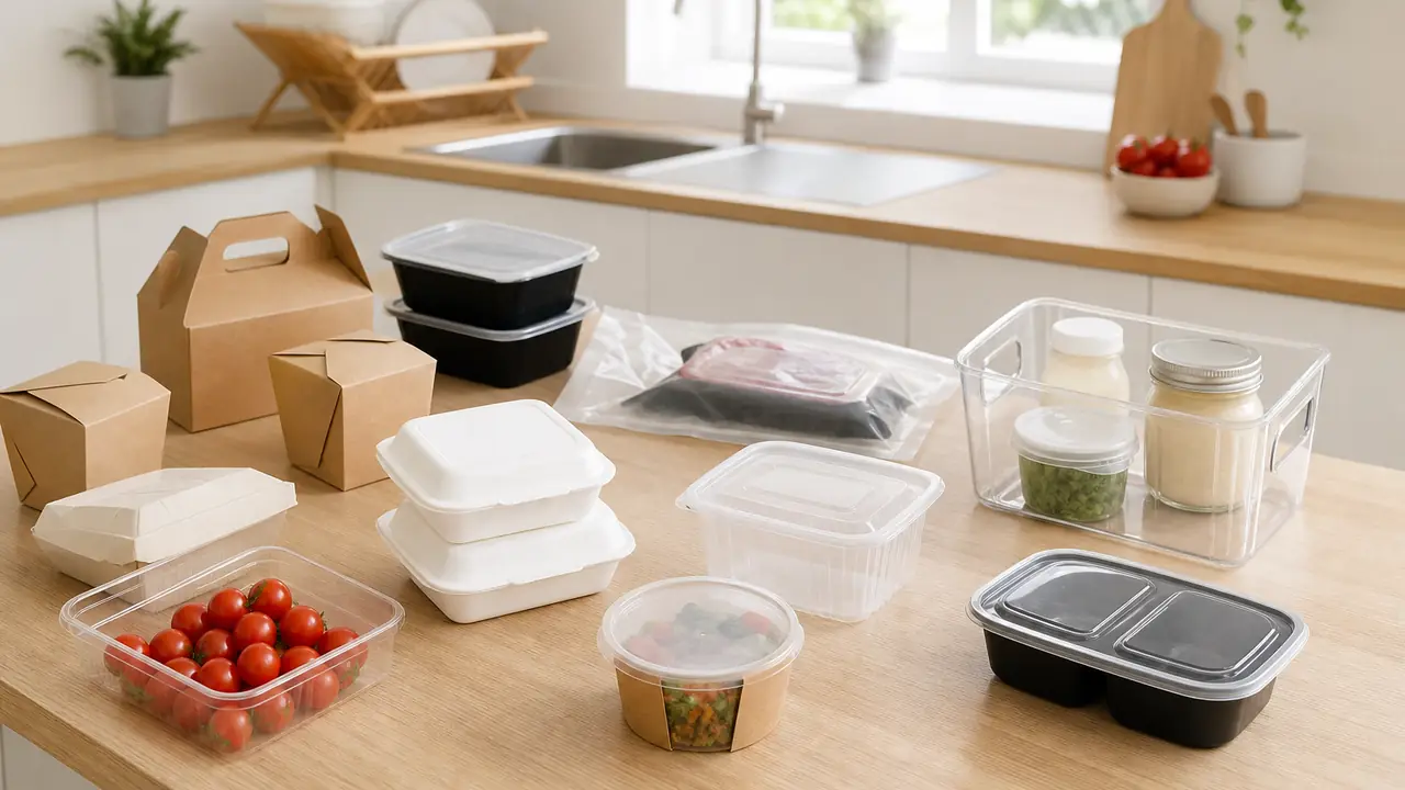 Food container applications laid out by scene: takeout boxes, meal prep trays, fruit boxes, fridge bins and storage boxes