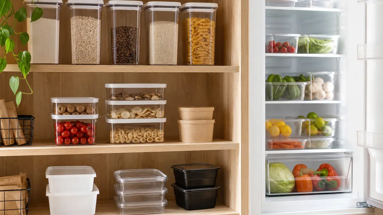 Home kitchen storage containers: a vacuum container, clear fridge organizer bins and PP food boxes on a shelf