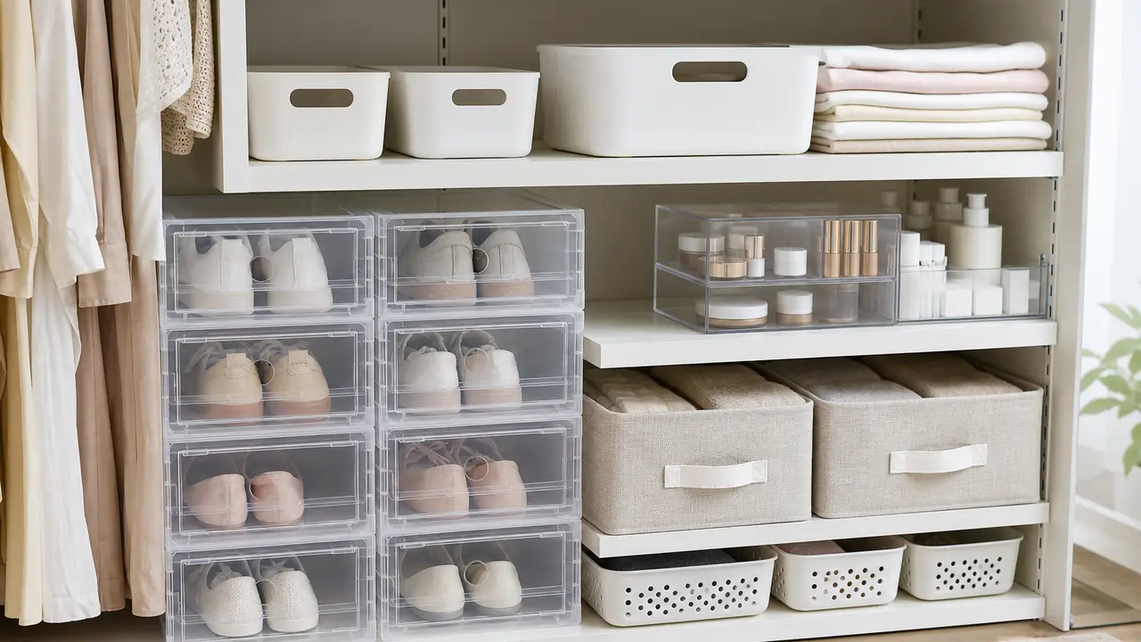 Home organization storage boxes: stacked clear shoe boxes, a collapsible storage box and a desk organizer tray
