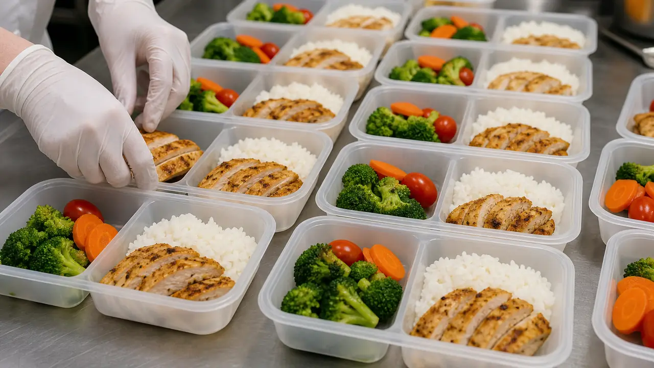 Meal prep containers in PP with divided compartments stacked in a chilled carton ready for delivery