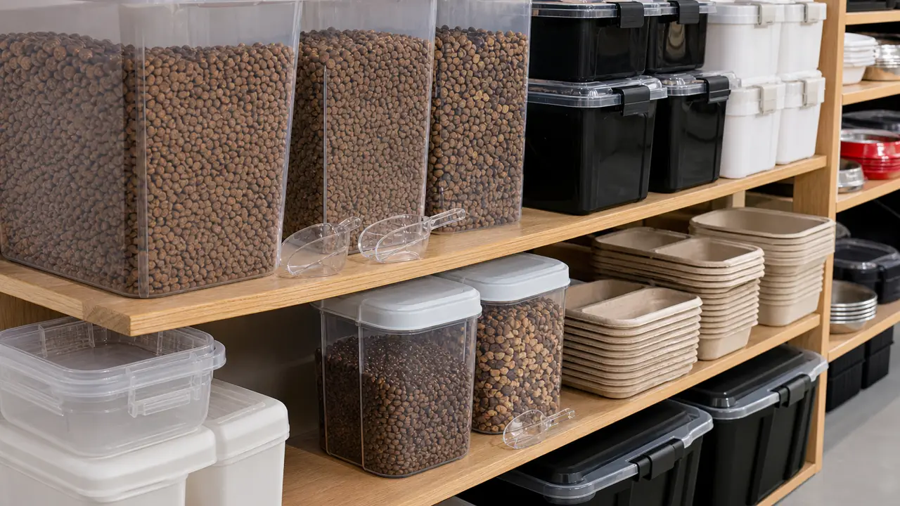 Illustration of pet food storage containers: an airtight bin with wheels and a scoop beside a kibble bag