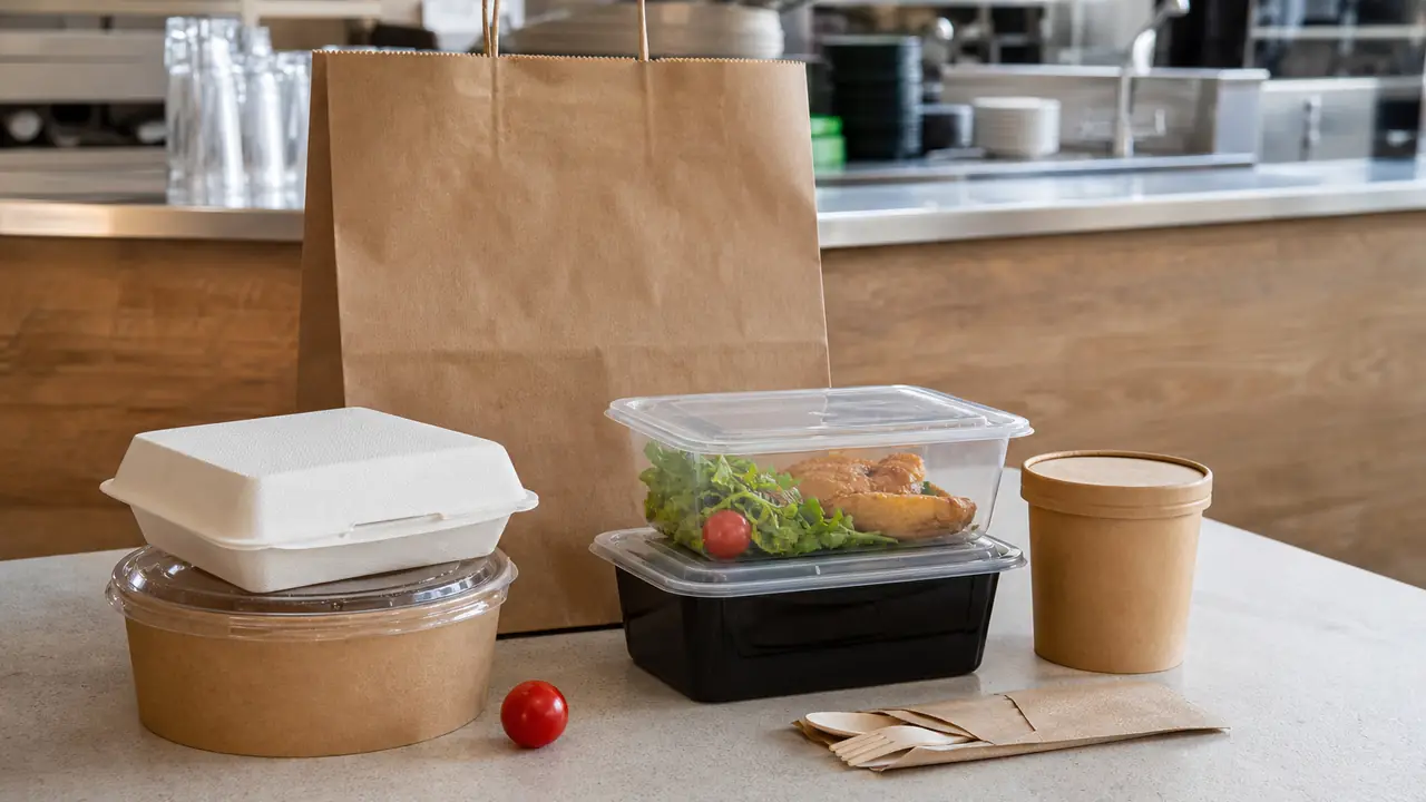 Illustration of restaurant takeout containers: PP boxes, a soup cup and a kraft box packed in a delivery bag