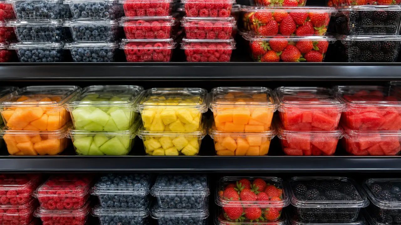 Illustration of supermarket produce containers: clear fruit boxes and divided trays in a chilled display