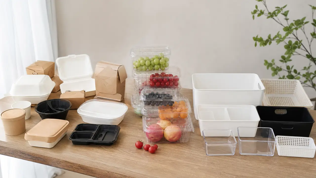 Food container sourcing case studies shown as program files with sample containers, boxes and storage bins