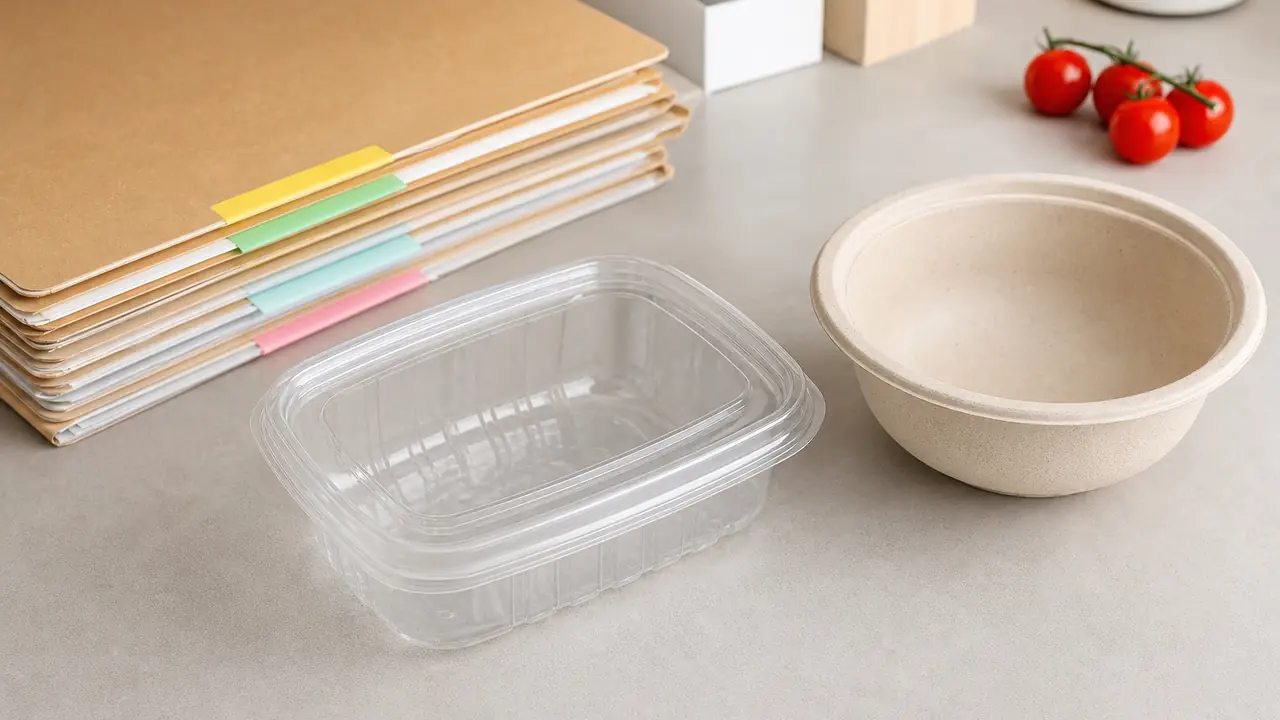 Food container compliance documents, declarations and test reports next to PP containers and a kraft box