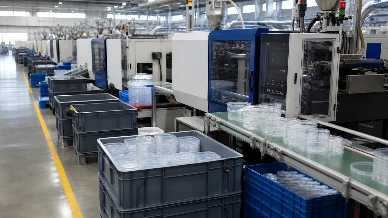 Illustration of a food container factory audit with checklist, molded PP containers and carton stacks