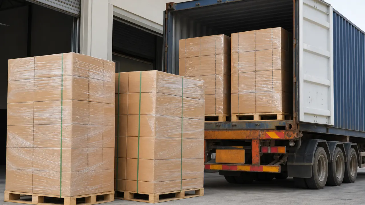 Export cartons of food containers and storage boxes being loaded into a shipping container for sea freight