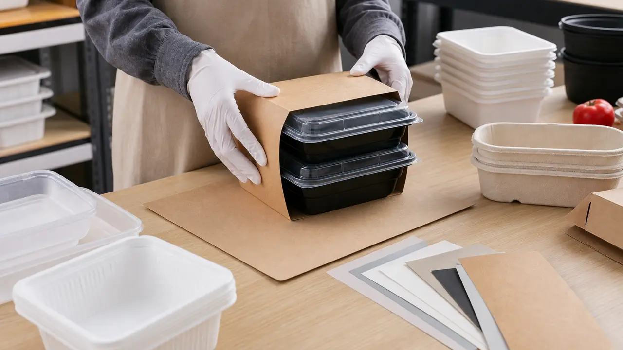Private label food containers with printed sleeves and branded lids beside plain stock containers on a bench