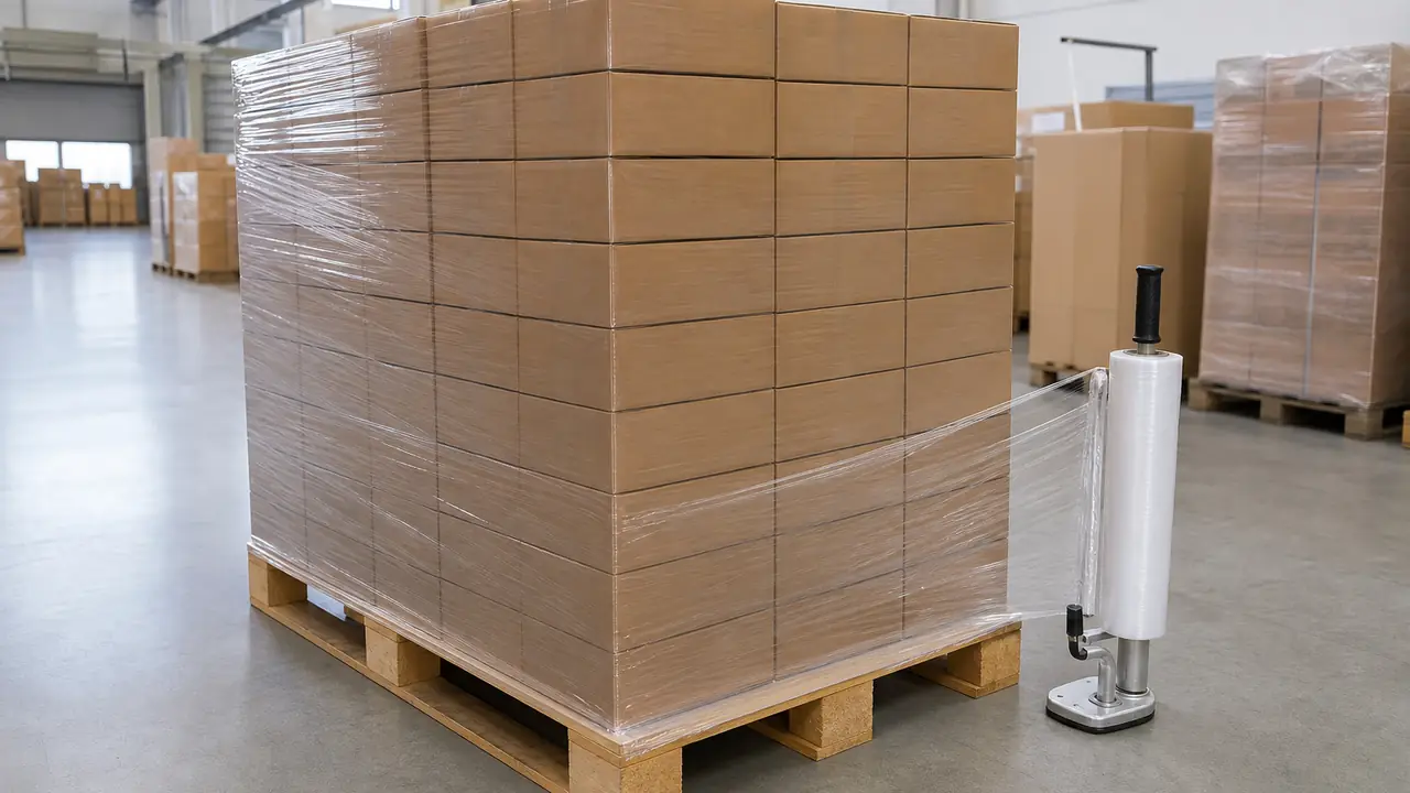 Food container packaging with nested sleeves of containers in export cartons stacked on a wooden pallet