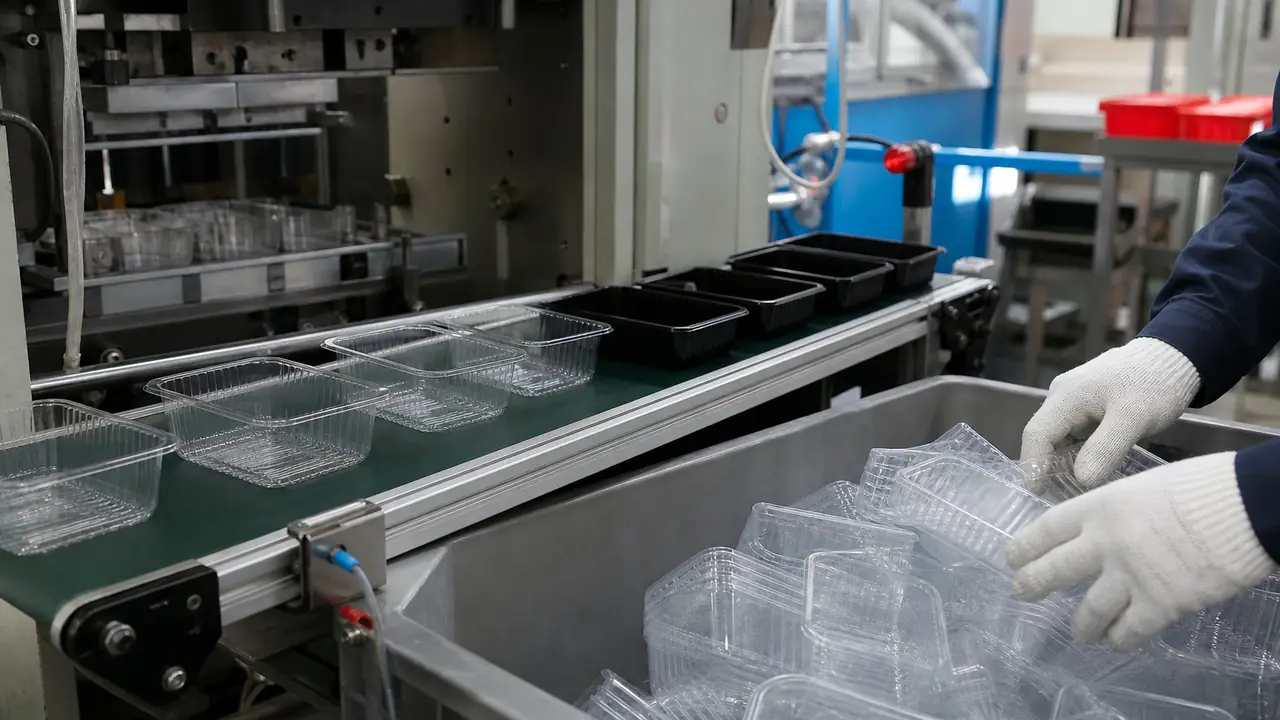 Illustration of the food container production process from PP resin pellets to molded boxes and export cartons