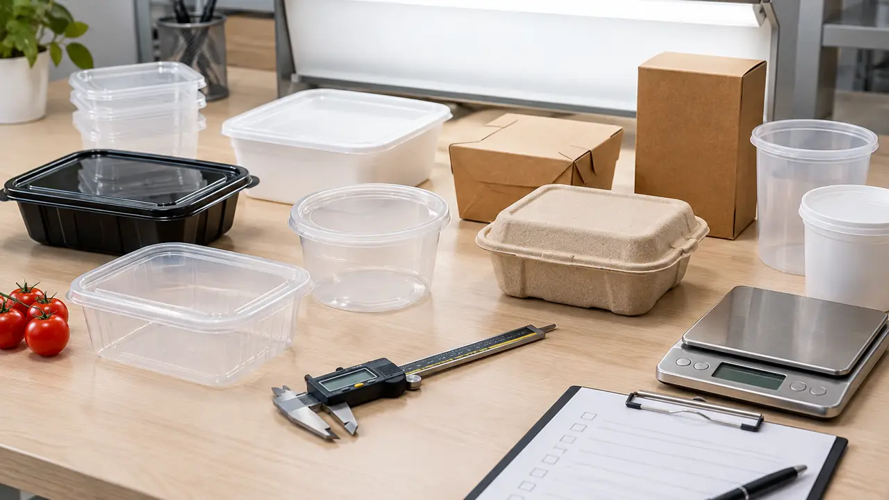 Quality control check of PP food containers with calipers, a scale and lid fit test on a bench