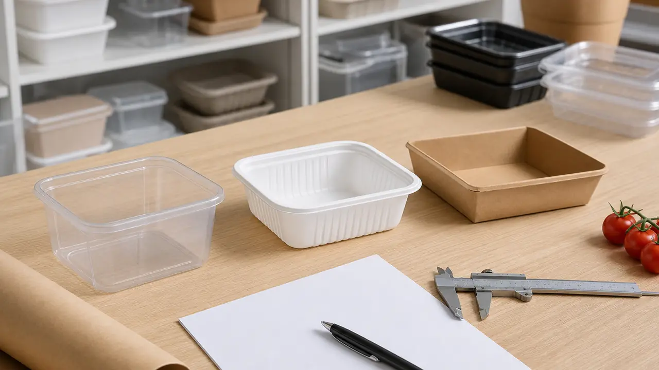 Food container sourcing process laid out as a brief, sample containers, documents and a packed export carton