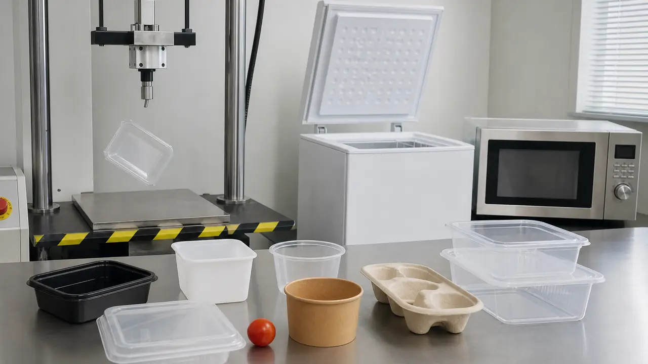 Food container testing with a tilt leak test on a PP container, a freezer check and a weighing scale