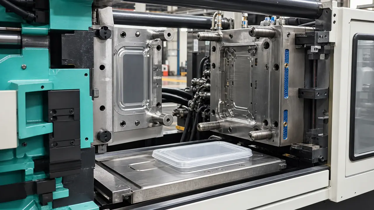 Food container engineering bench with a PP container, a thermoformed tray, a mold insert and lid samples
