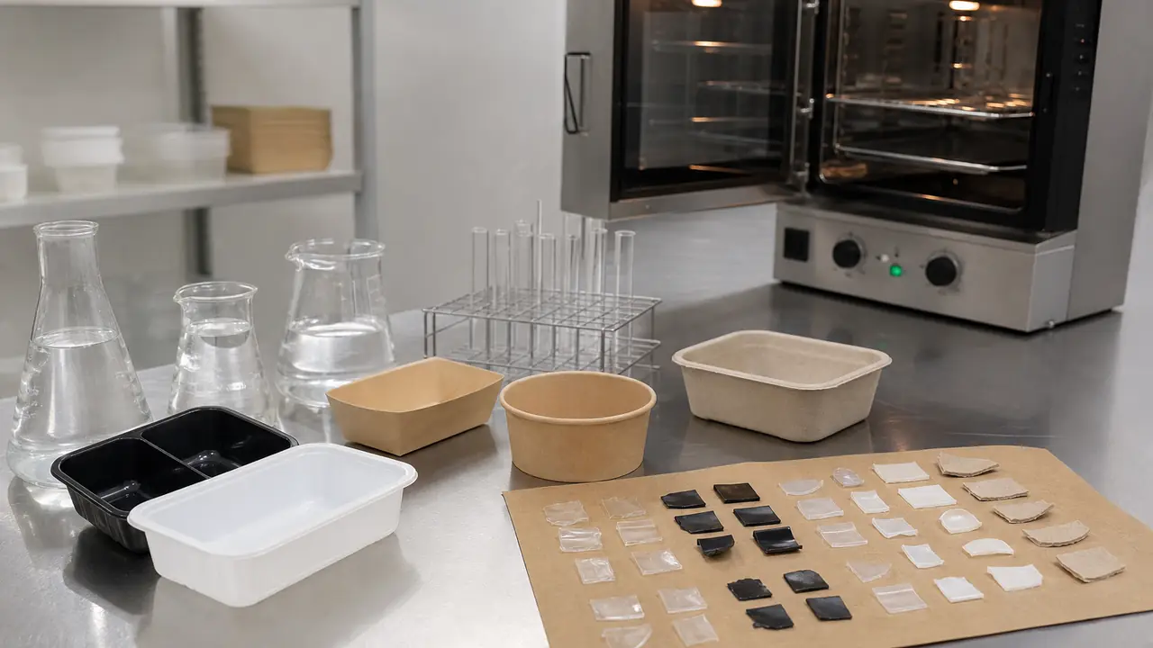 Food contact safety check: PP food container samples, test report folder and migration test vials on a lab bench