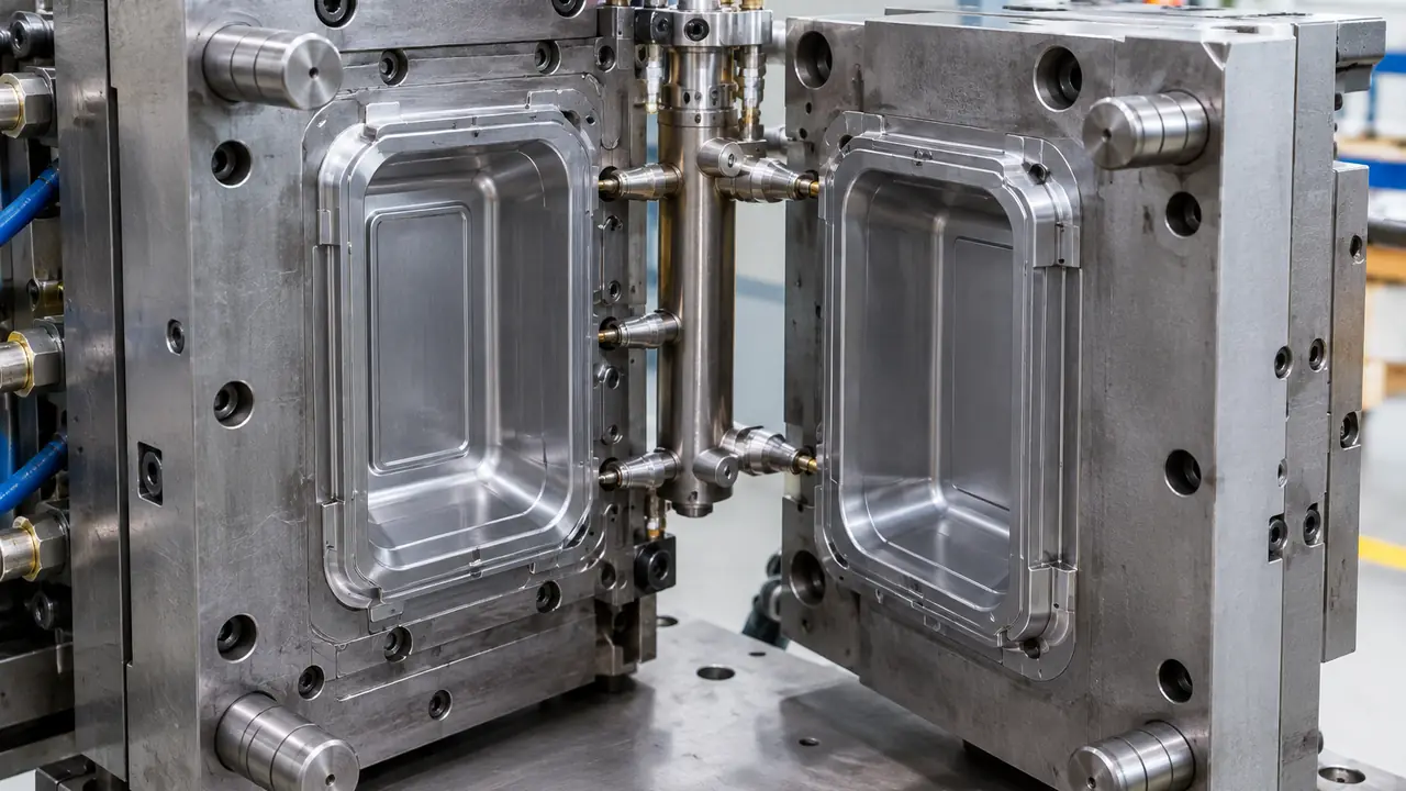 Injection molded storage box parts and a polished mold insert for a PP food container on a workbench