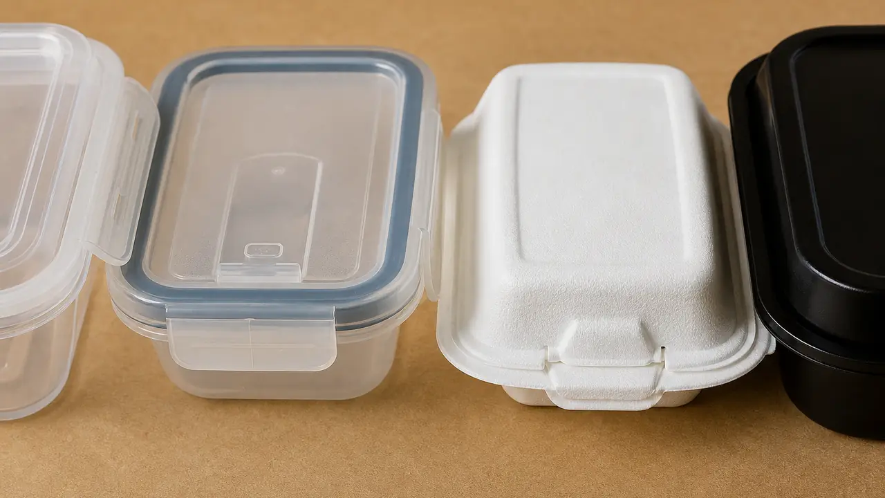 Food container lids and seals: snap-fit PP lid rim, silicone gasket and vacuum valve lid on a bench