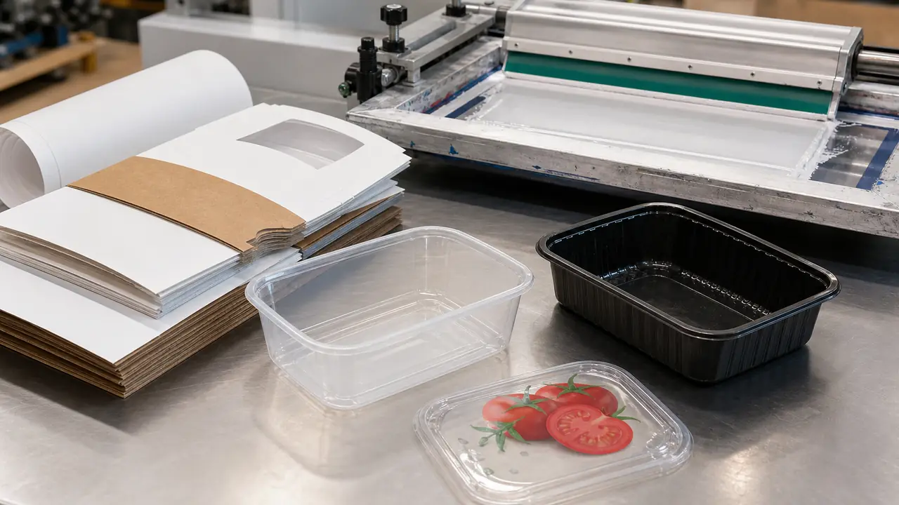Custom printed food container lids, an in-mold labeled tub and printed kraft sleeves on a print inspection table