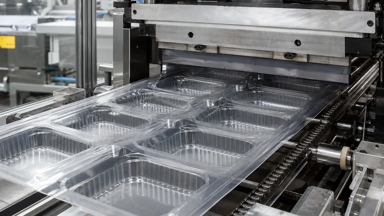 Thermoformed PP takeout boxes and clear clamshells nested in stacks beside a trimmed sheet web