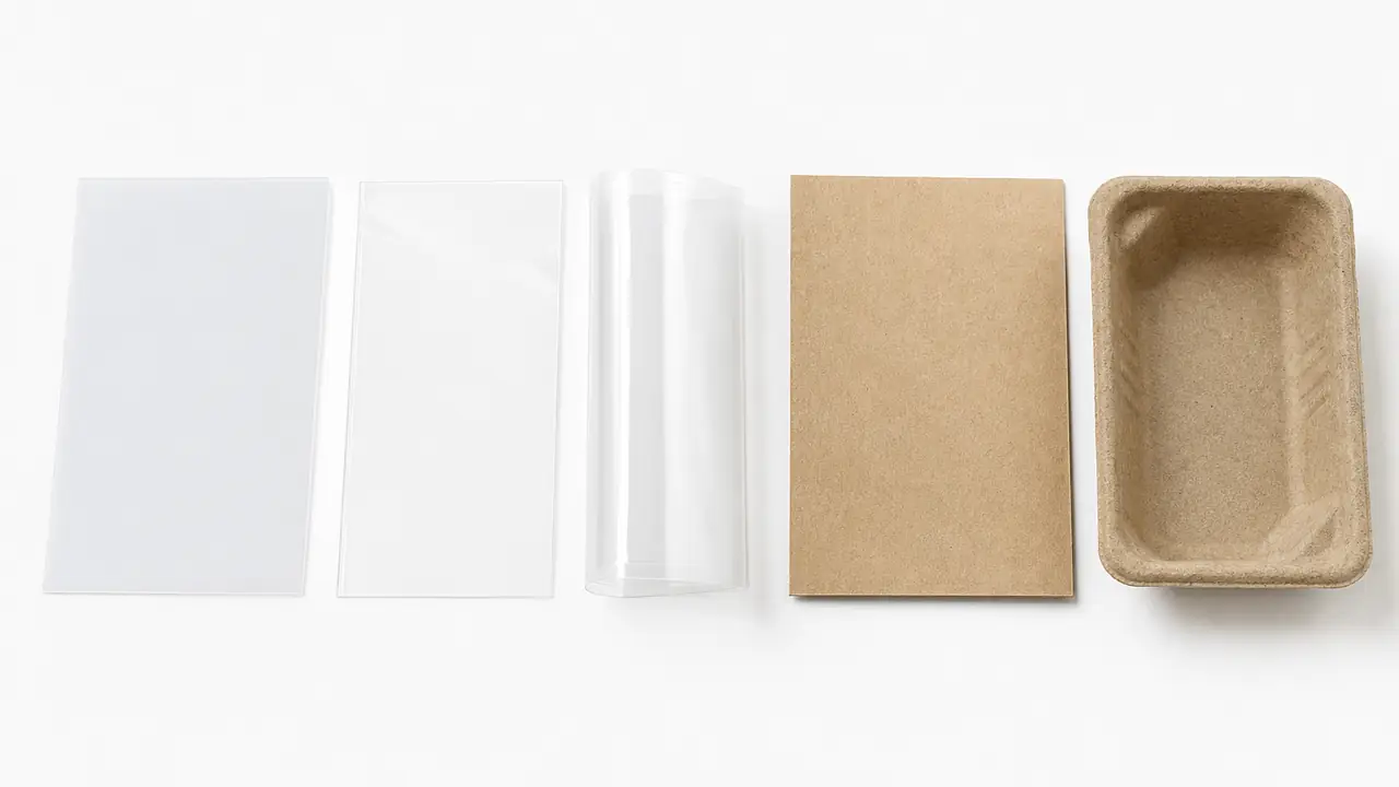Container material guide samples: PP, PET, PVC, paperboard and molded fiber pieces with resin code labels