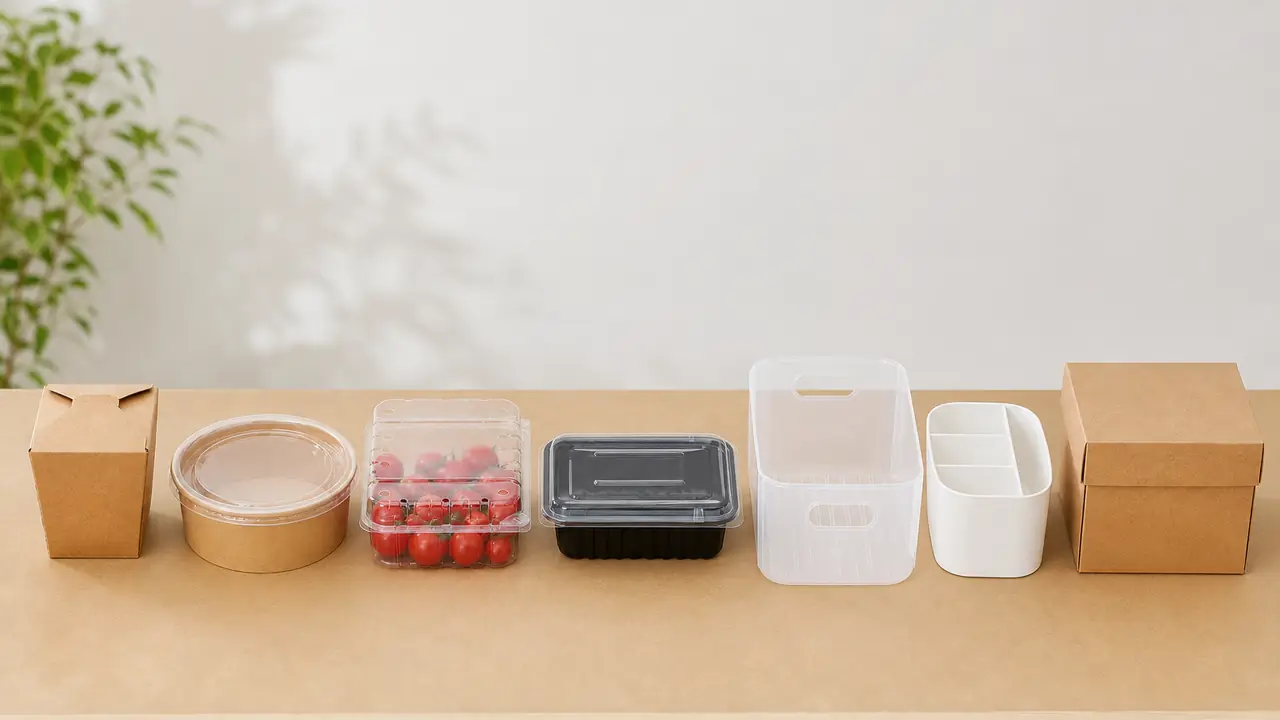 Food containers, a kraft packaging box and clear storage boxes grouped by family on a kraft paper bench