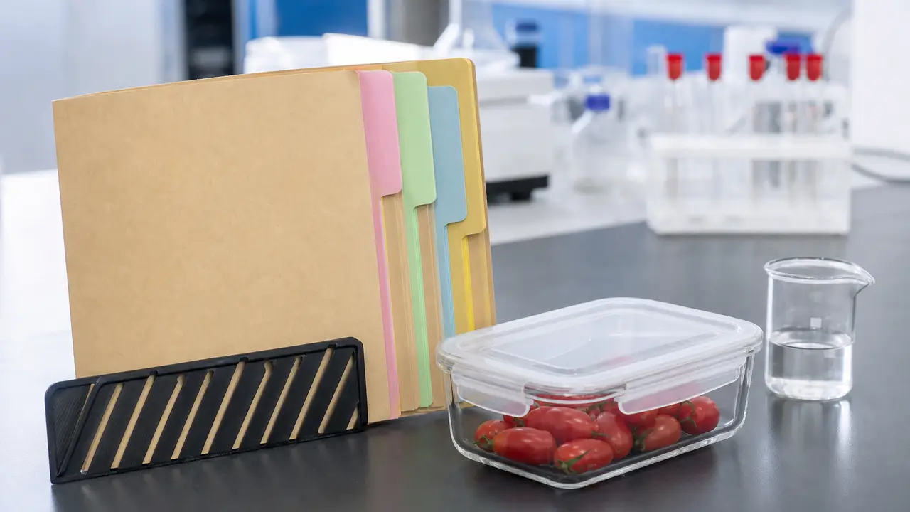 食品接触の法規制ガイド：宣言書と溶出試験報告書のバインダーの横に置いた PP 容器