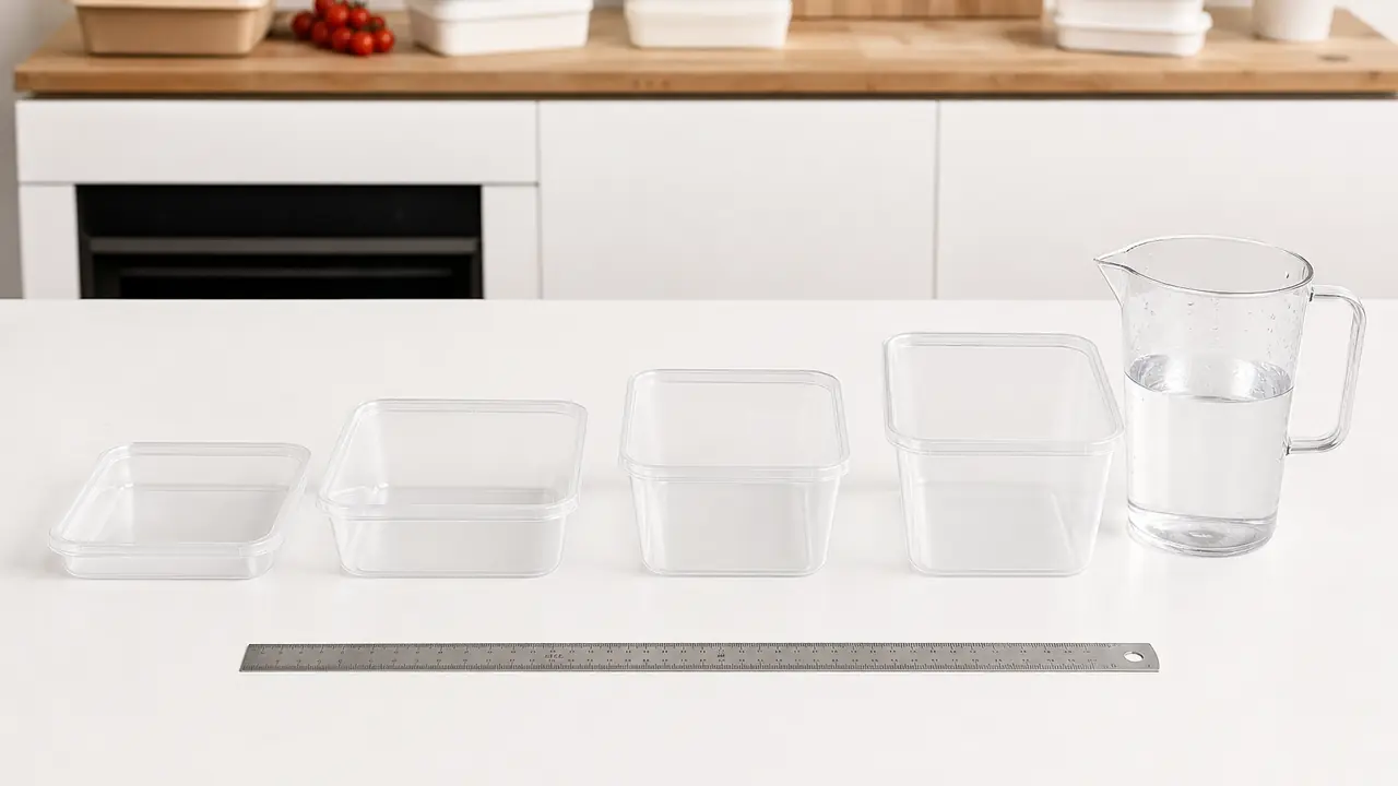 Food container sizing guide: four PP boxes of 500 to 1,000 ml on one footprint beside a ruler and measuring jug