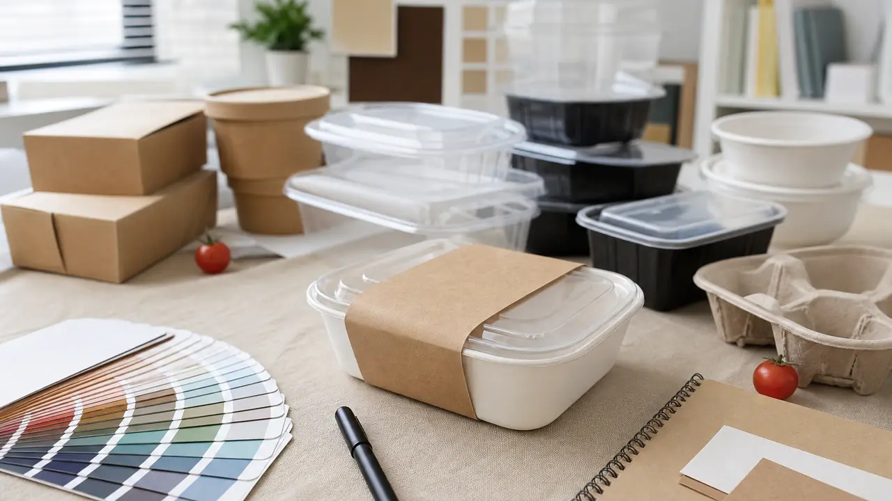 OEM private label guide: printed PP container lids, a branded kraft sleeve and a sample mold insert on a bench