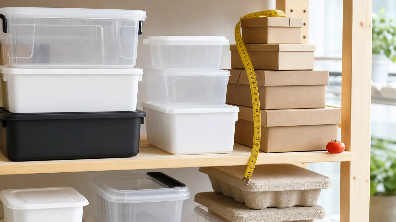 Storage box buying guide: a collapsible crate, clear shoe boxes and a drawer organizer stacked on a kraft paper bench