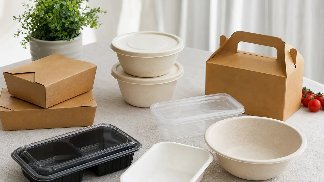 Sustainable packaging guide: starch-based bowls, molded fiber clamshells and kraft boxes beside wooden cutlery