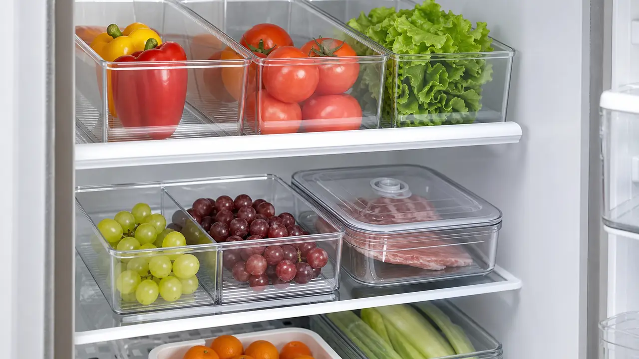 Food storage containers on a kraft bench: a clear divided fruit box, a vacuum container, fridge organizer bins and a pet food bin
