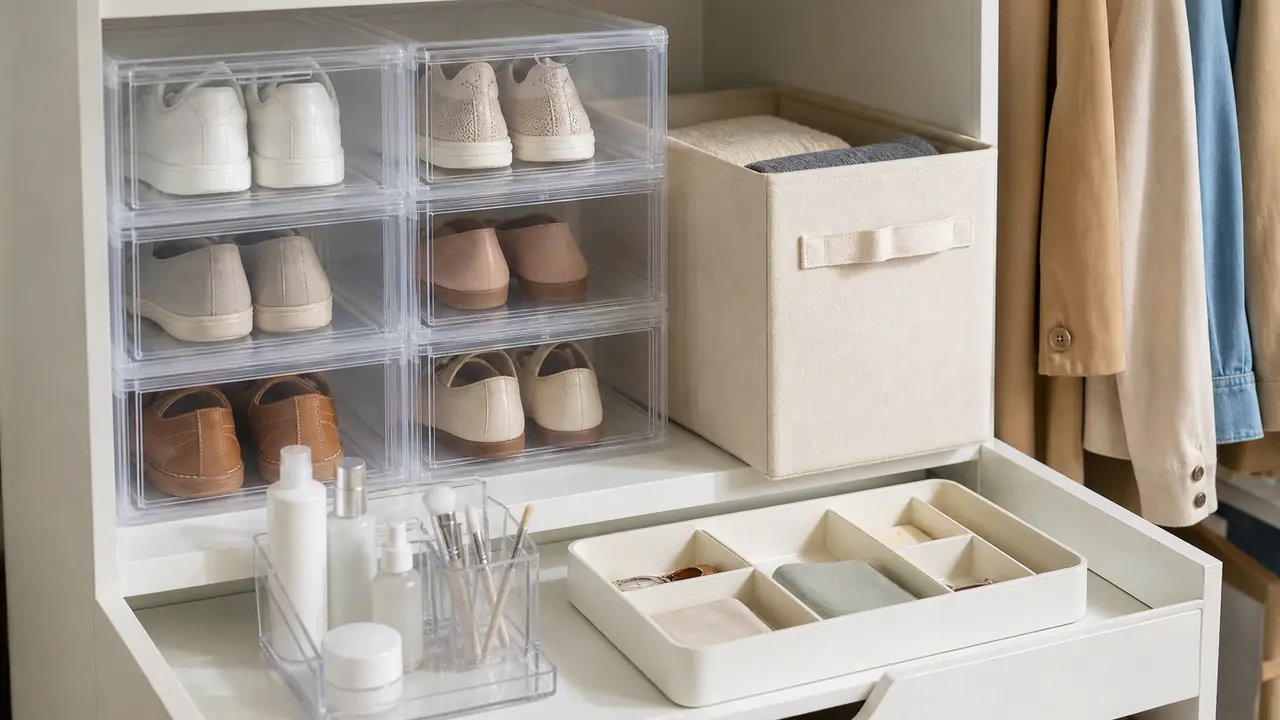 Home organizers and storage boxes: a collapsible crate, a clear shoe box, a cosmetic drawer unit and a desk tray
