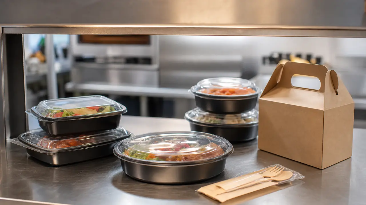 Takeaway packaging range with PP food containers, a starch-based bowl, a cutlery kit and a kraft bakery box