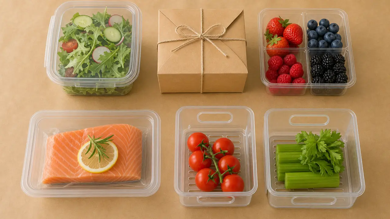 Food containers, a divided fruit box, a kraft gift box, a vacuum container and clear organizers arranged on kraft paper