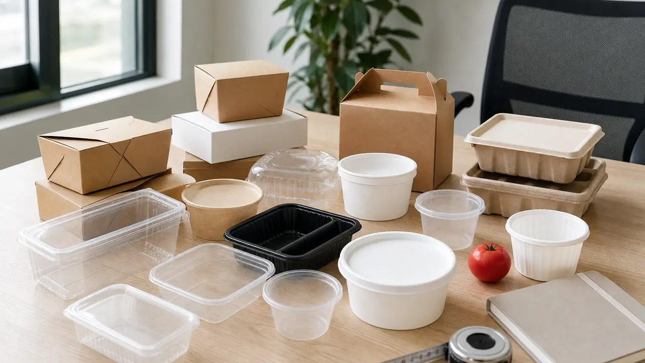 Sourcing desk with food container samples, a spec sheet and storage box swatches on kraft paper