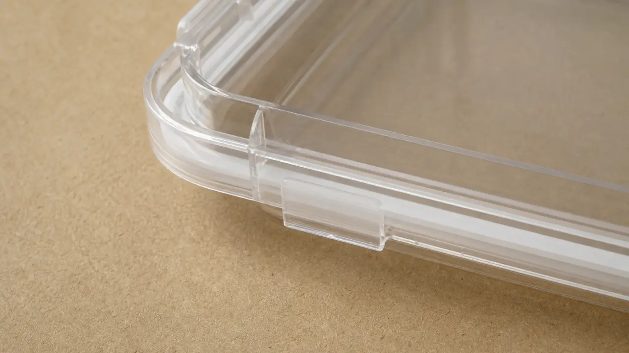 Food container samples with question tags and a sourcing FAQ sheet on a kraft paper bench