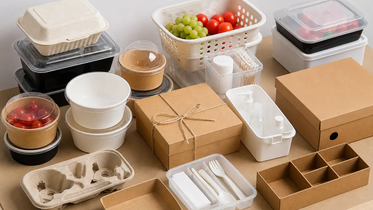 Food containers and storage boxes from twelve product lines laid out on a kraft paper bench