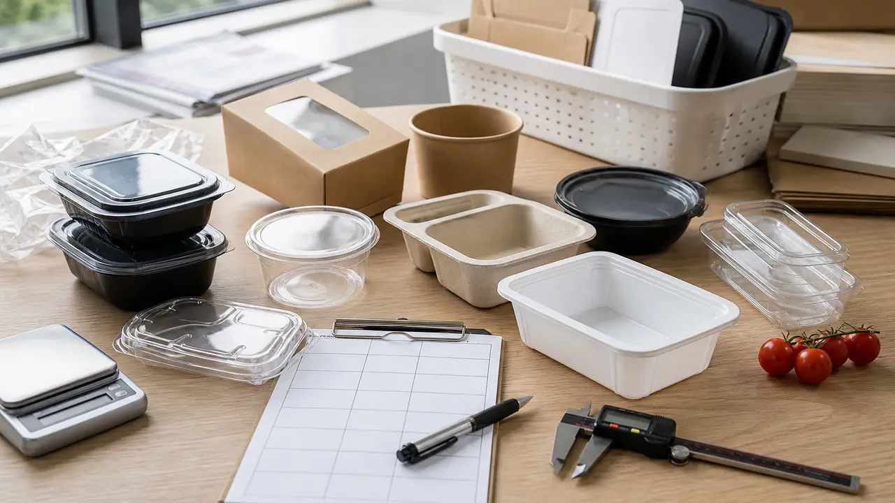 Food containers, storage boxes and printed gift boxes grouped by buyer program on a sourcing desk for container sourcing