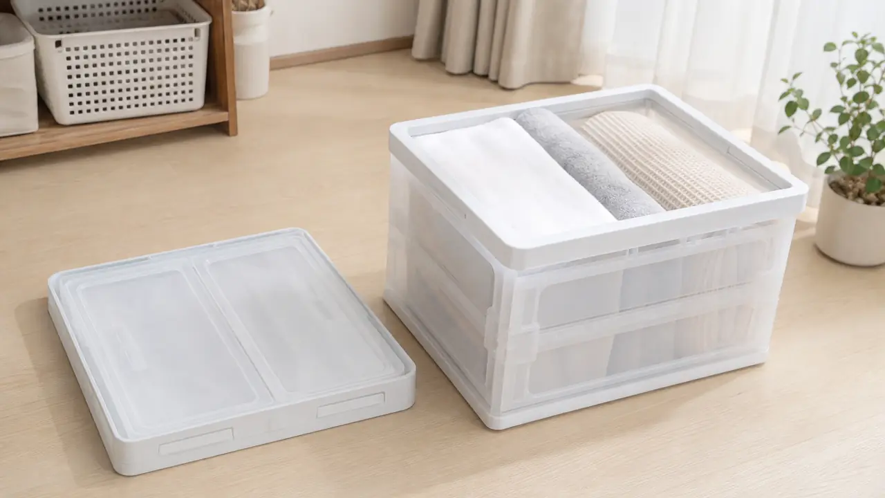 Collapsible storage boxes in PP, one 30 L crate open and two folded flat beside it on a bench