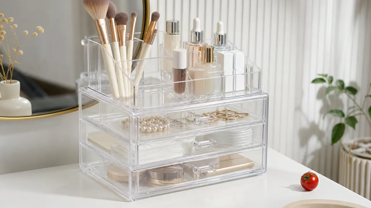 Cosmetic organizers in clear acrylic and PS, a three-drawer unit and a countertop grid holding brushes