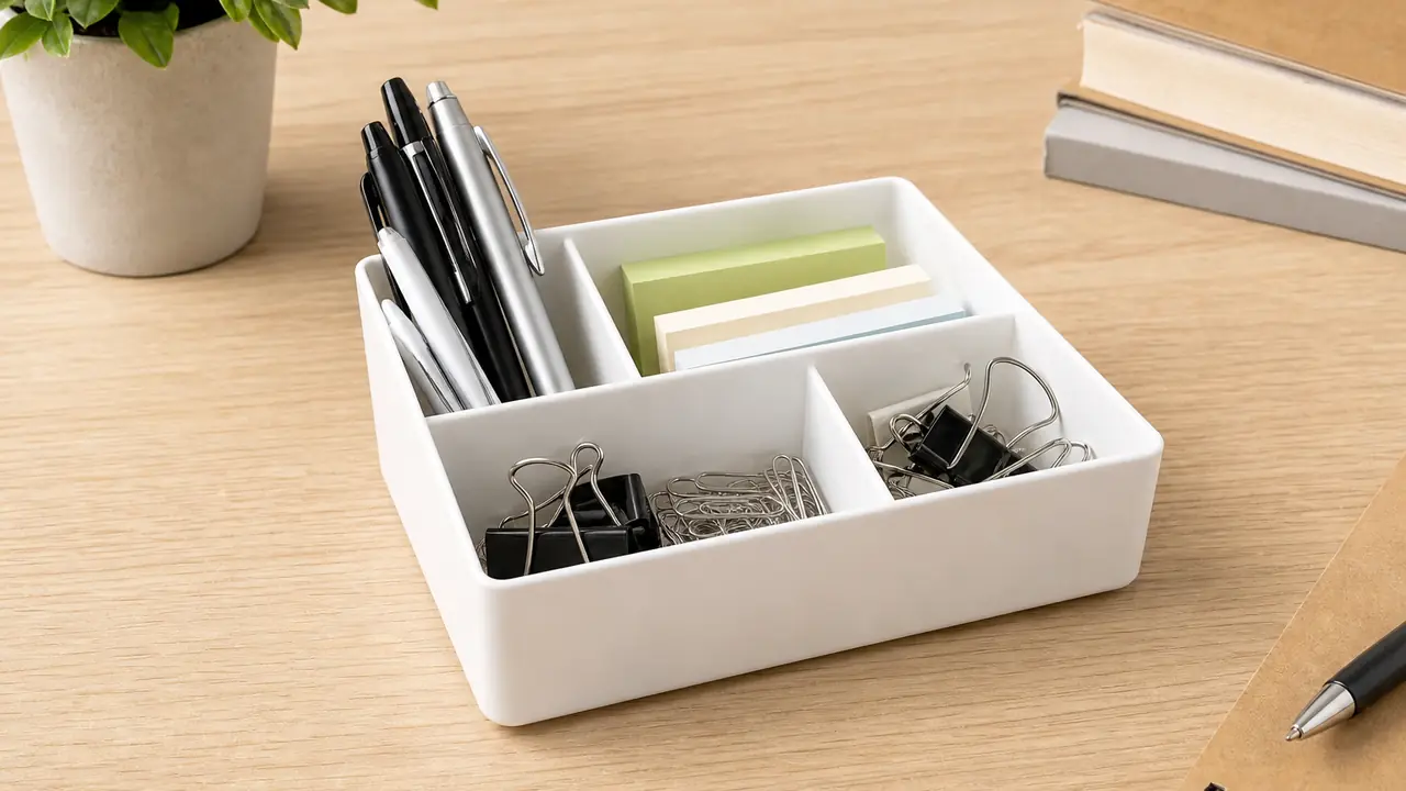 Desk organizer boxes: a 7-compartment drawer tray holding pens, clips and tape beside a stacked compartment box