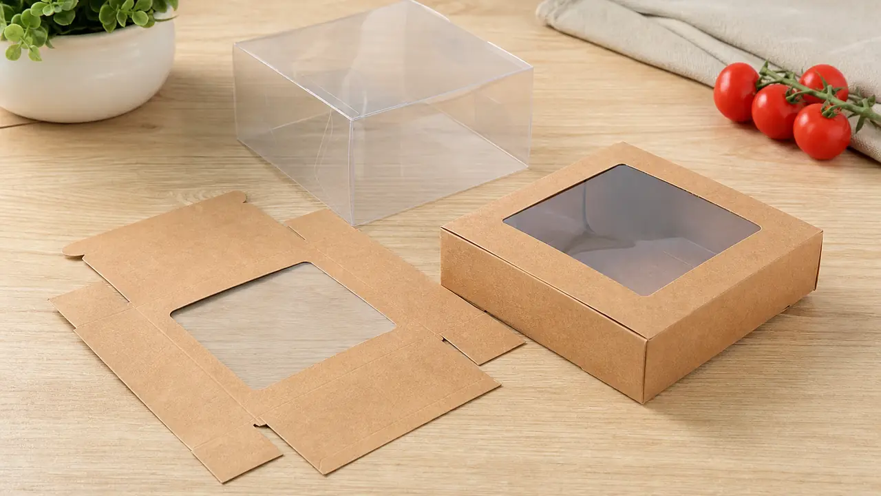 Folding gift boxes in kraft and white card, a bakery box with clear lid and a click-lock box on a kraft paper bench
