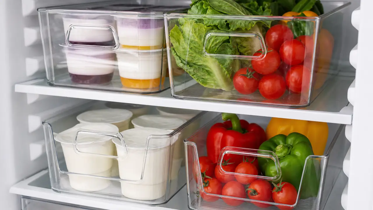 Clear fridge organizer bins with front handles stacked on a kraft paper bench beside a shelf section