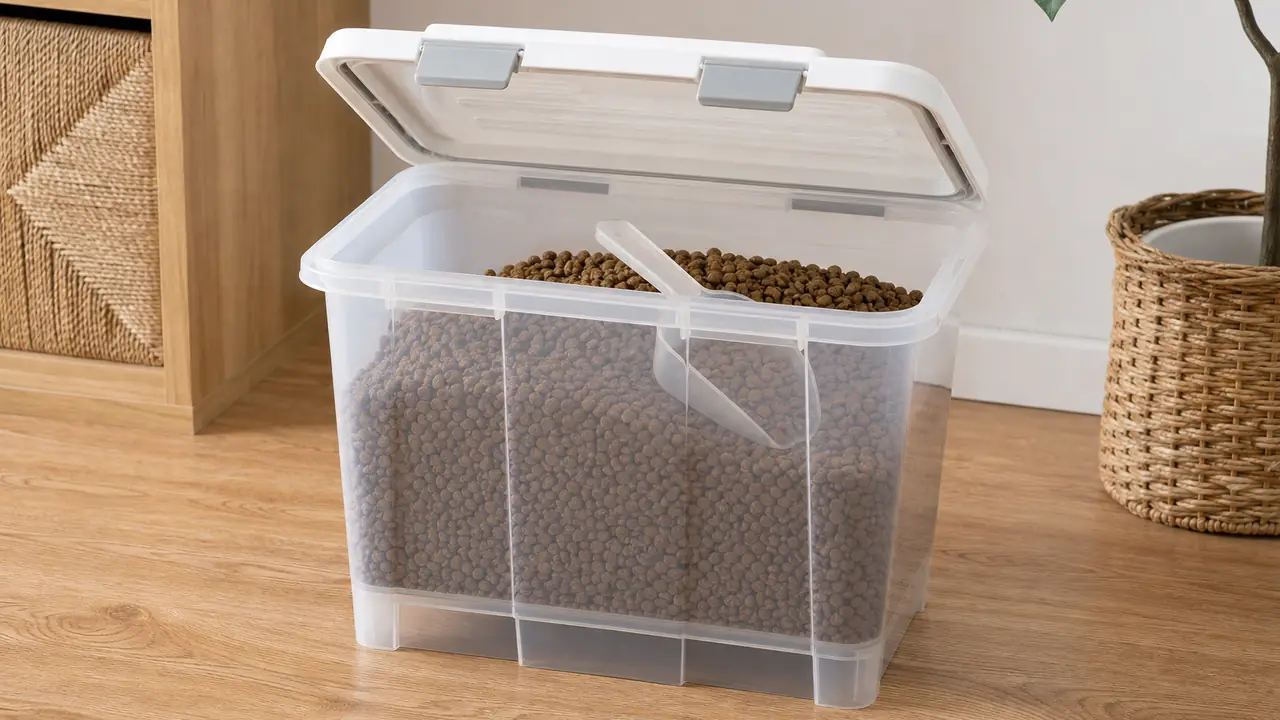 Pet food storage containers with seal lids, a scoop and wheels, the 20 lb bin in front, on a kraft paper floor