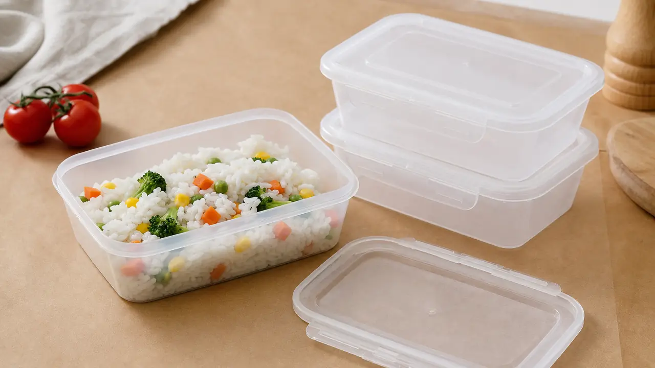 PP food containers with lids in clear and black, a 750 ml rectangular box in front, on a kraft paper bench