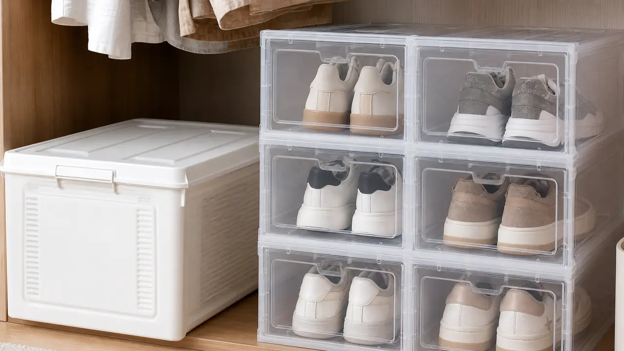 Shoe and clothes storage boxes stacked in a column, clear front-door shoe boxes with sneakers visible inside