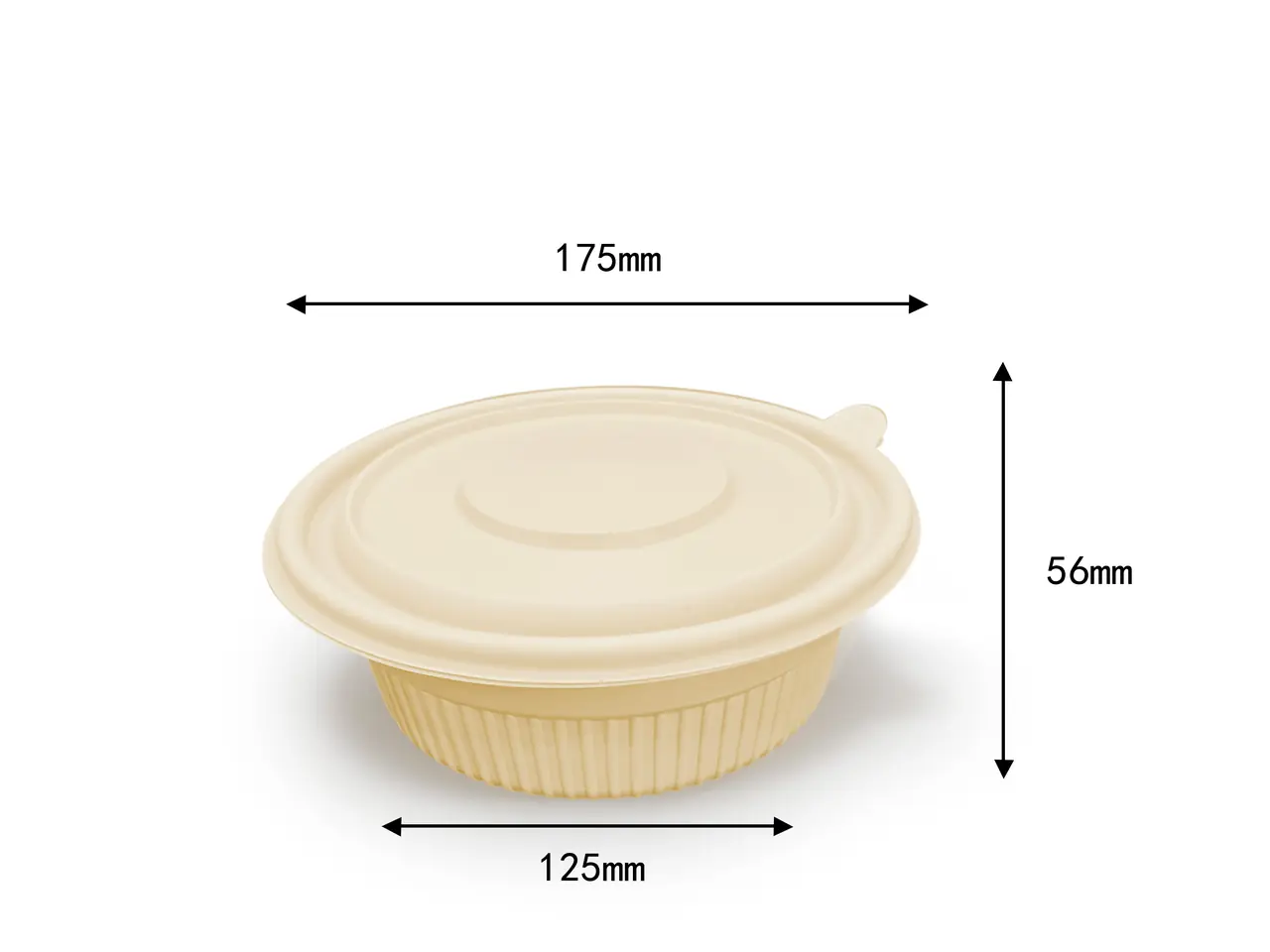 Starch-based food containers in cream colour, an 800 ml round bowl with lid and divided trays, at a partner plant