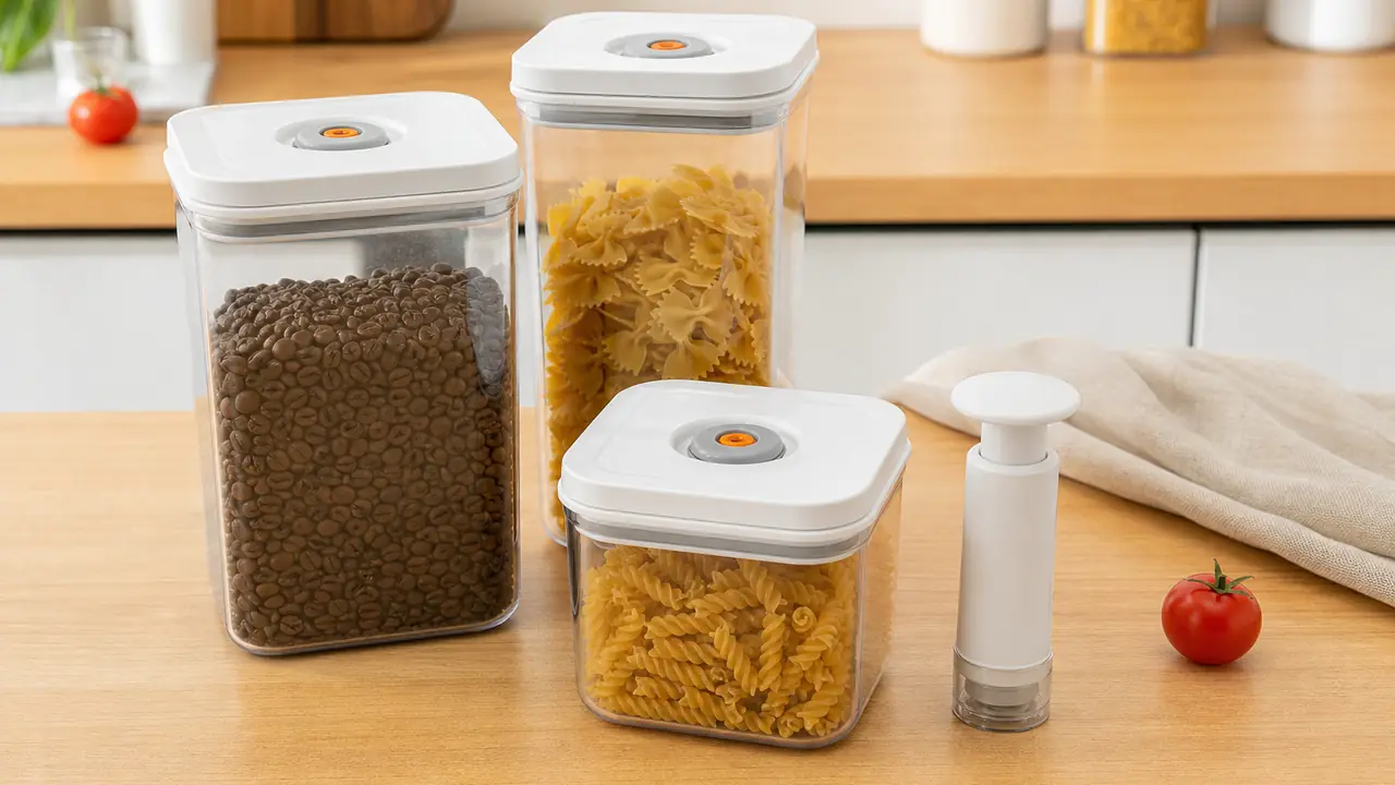 Vacuum food containers in clear copolyester with lid valves and a hand pump on a kraft paper bench