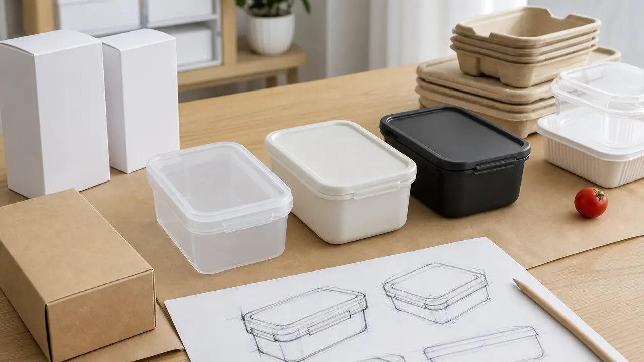 Private label food containers with printed lids, a vacuum container and a clear cosmetic organizer in branded packing