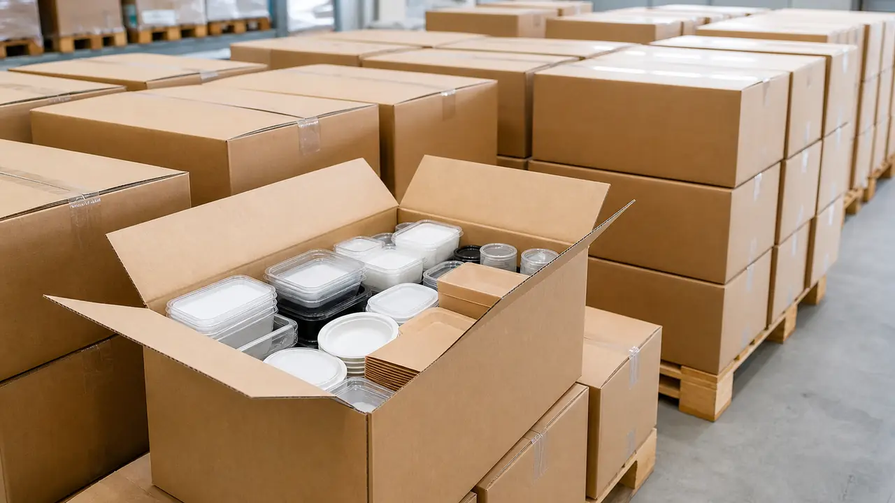 A full series of PP food containers, paper boxes and storage boxes stacked on pallets in a distributor warehouse